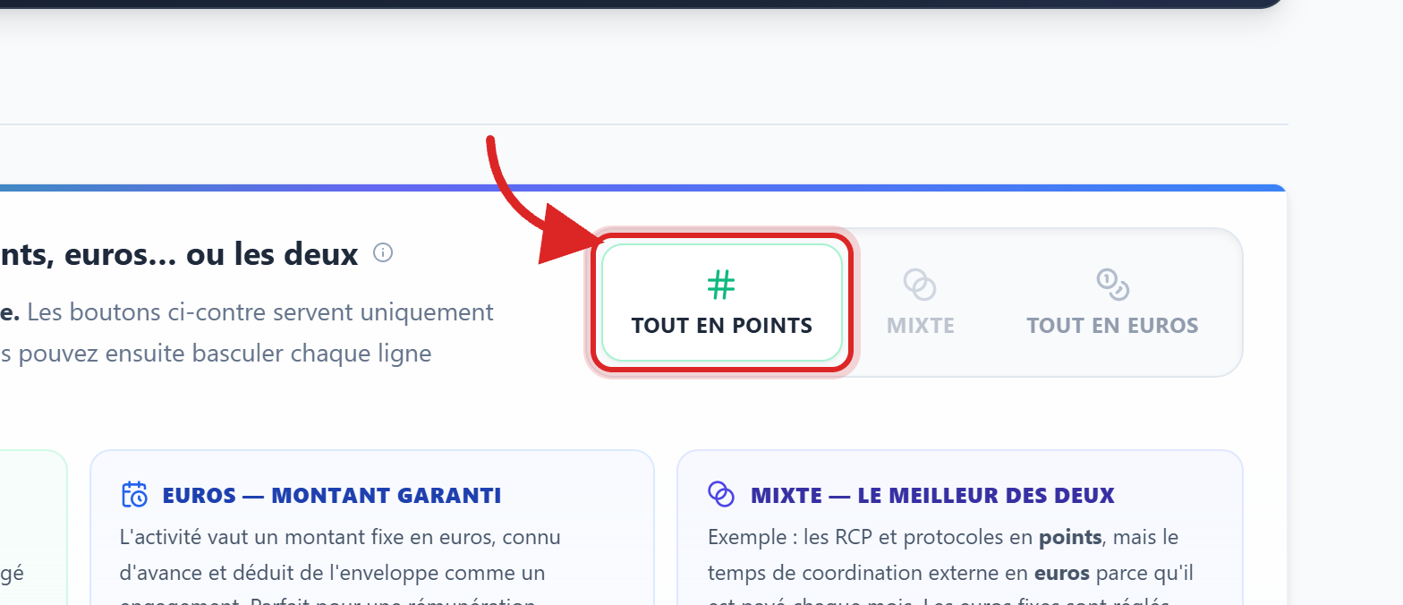 Le sélecteur de mode en tête de la grille : « Tout en points », « Mixte », « Tout en euros »
