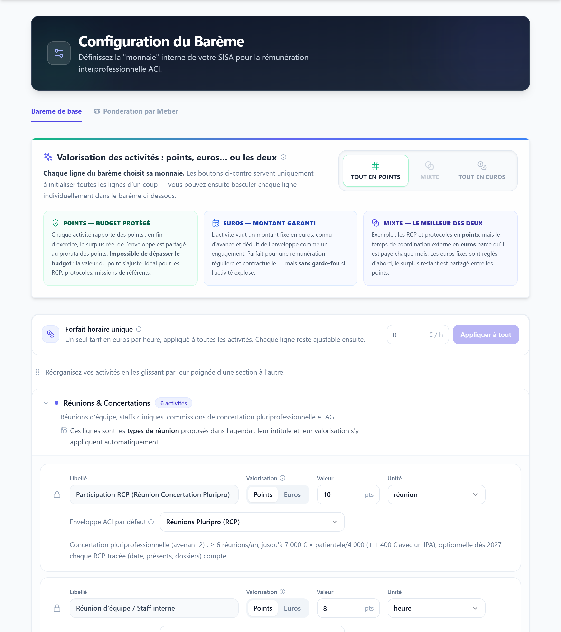 L'écran de configuration du barème, avec le sélecteur points / euros