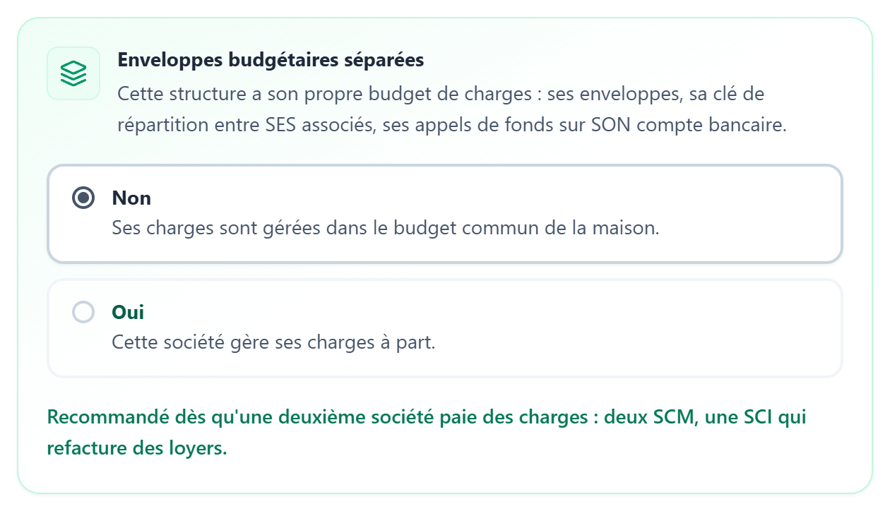 La carte « Enveloppes budgétaires séparées » sur la fiche d'une société juridique