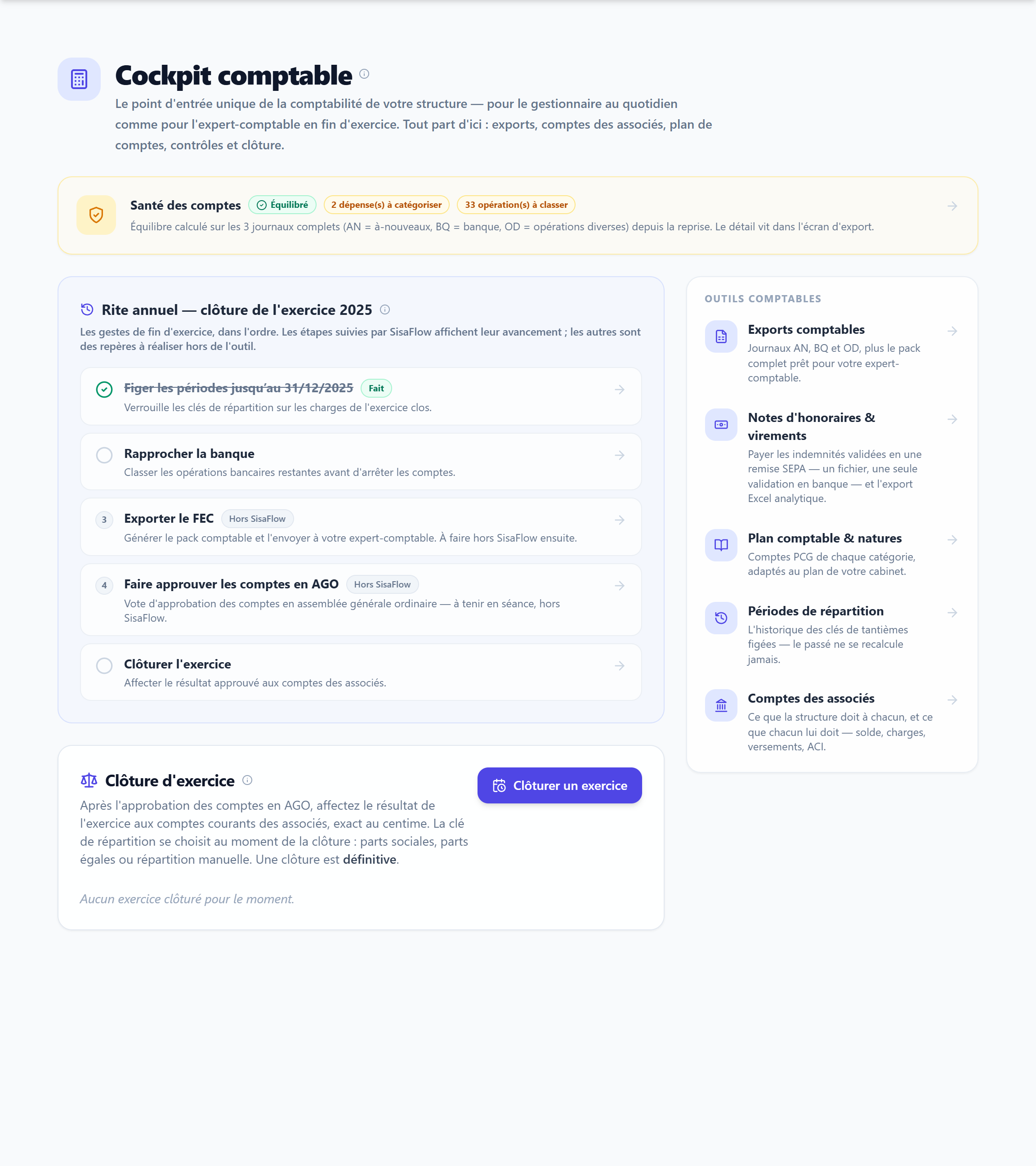 Le cockpit comptable, avec la santé des comptes, le rite annuel et les outils