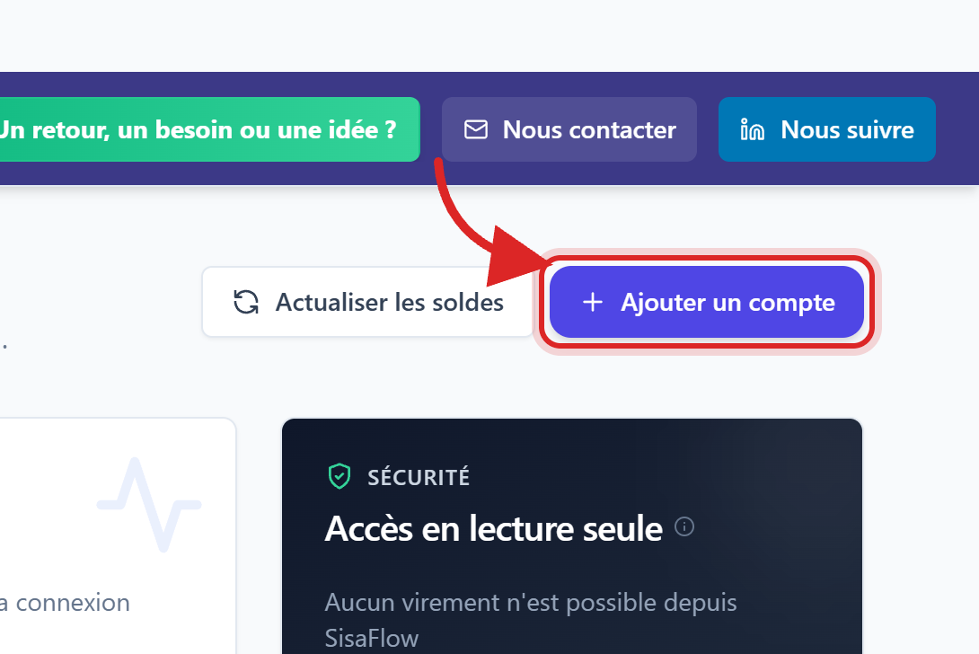 Le bouton d'ajout de compte, sur le Hub Bancaire