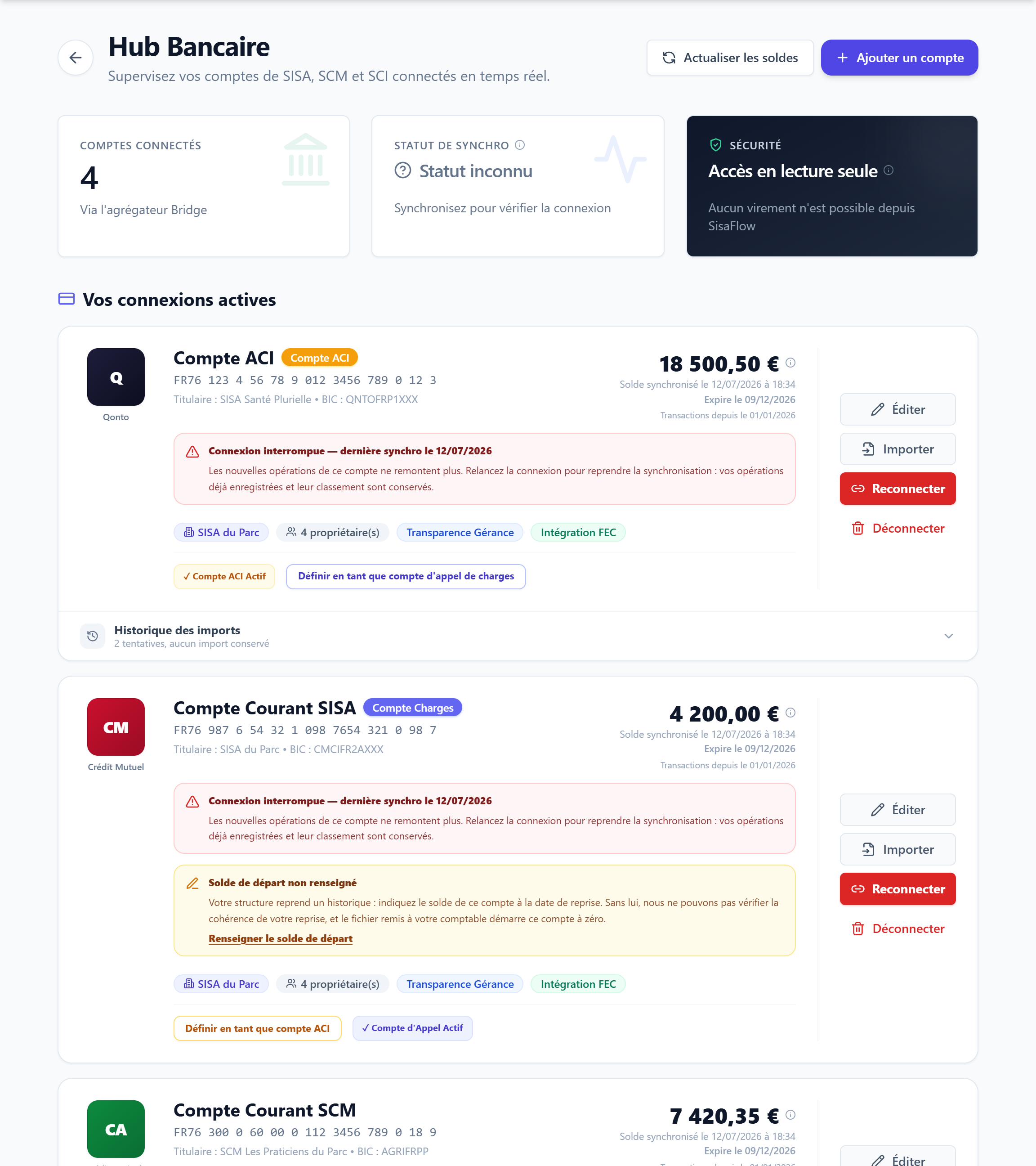 Le Hub Bancaire, avec la liste des comptes connectés et leur état de synchronisation