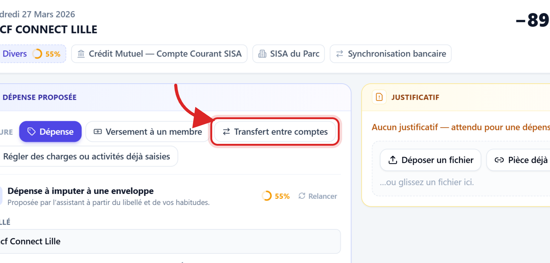 La voie « Transfert entre comptes » : pour un virement d'un de vos comptes vers un autre