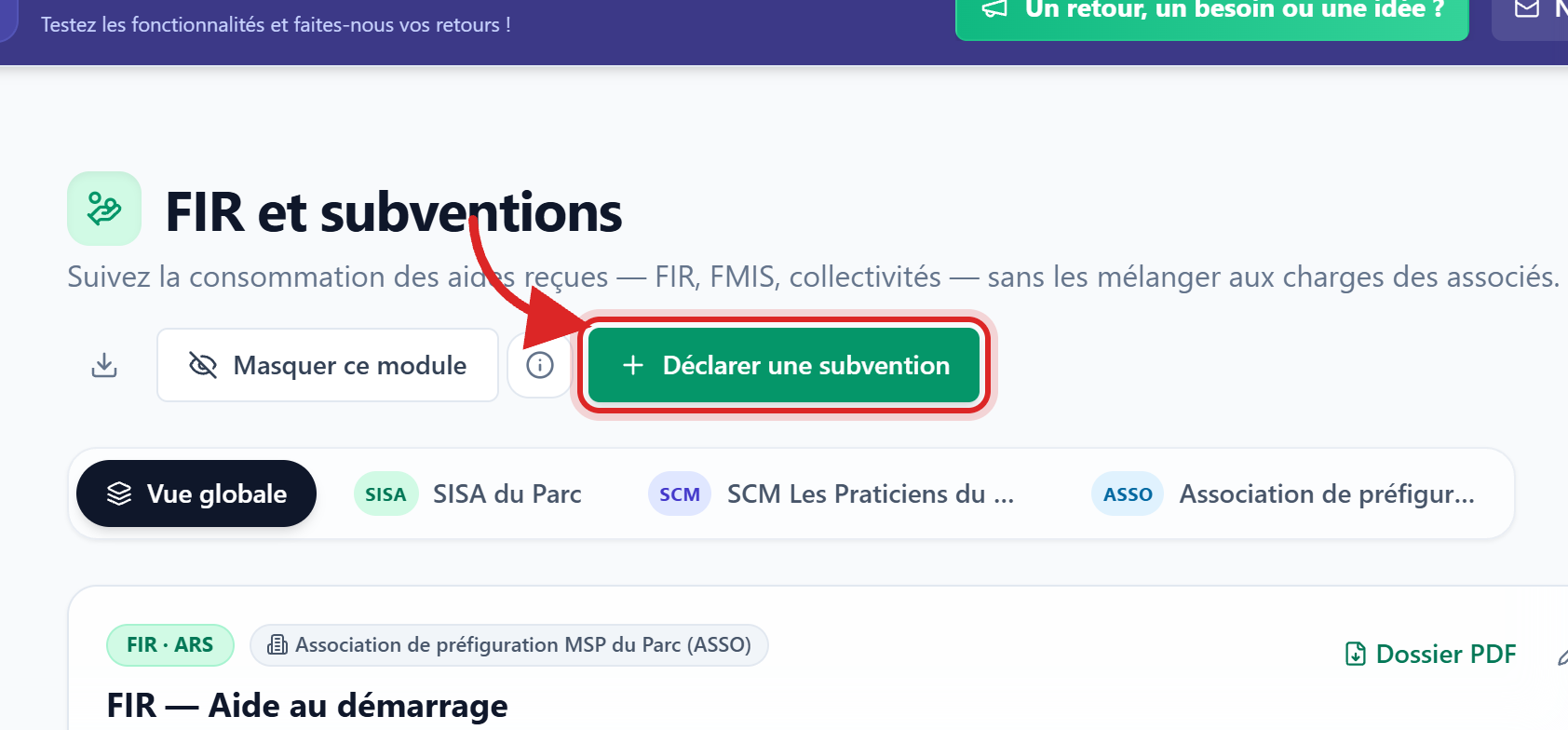Le bouton « Déclarer une subvention », en haut de l'écran