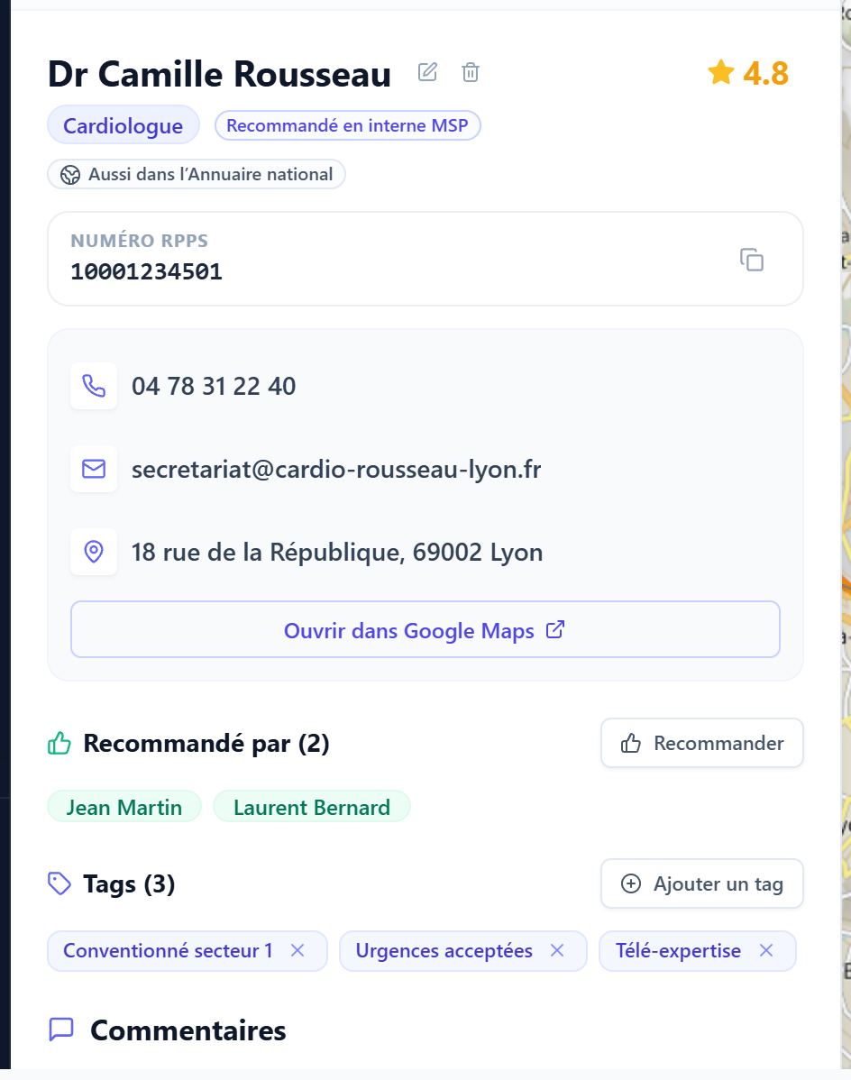 Le panneau de détail d'une fiche, avec recommandations, tags et avis