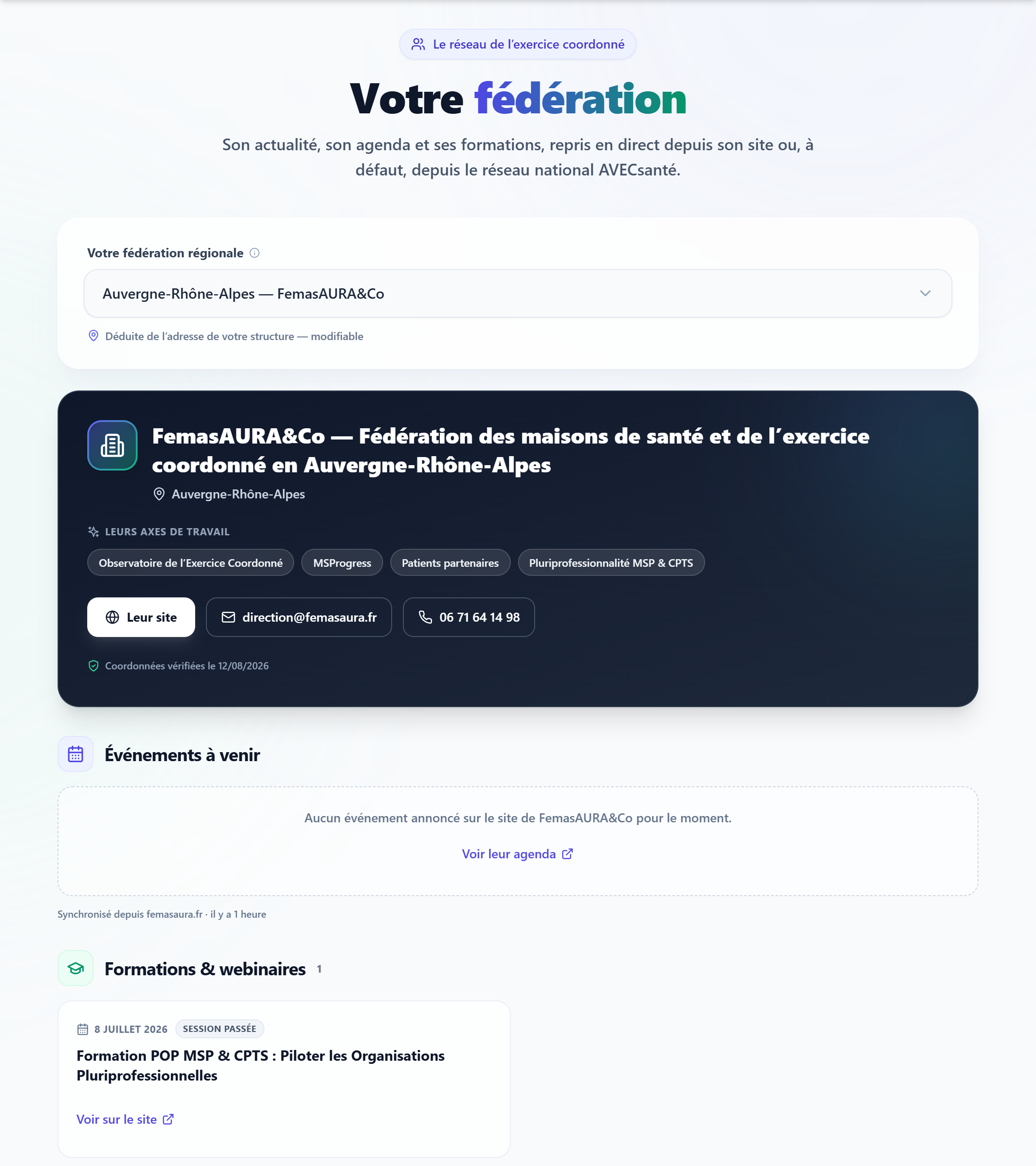 L'écran Fédérations : le sélecteur, la carte d'identité de la fédération et les contenus repris de son site