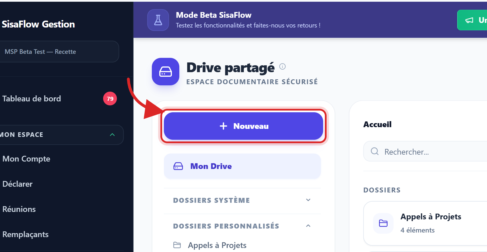 Le bouton « Nouveau », en haut de la colonne des dossiers — c'est aussi lui qui importe les fichiers