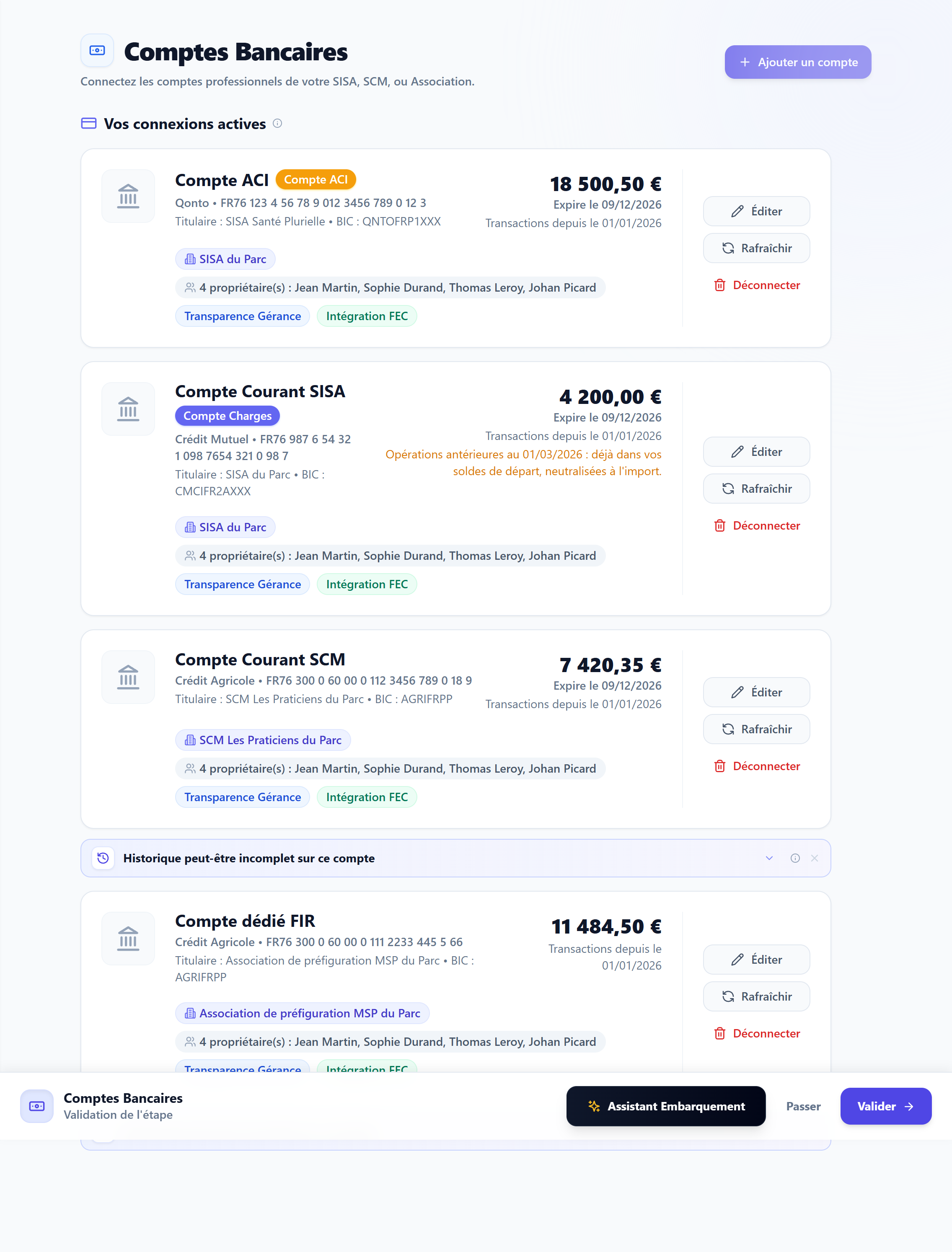 L'étape Comptes Bancaires avec une connexion active et ses badges