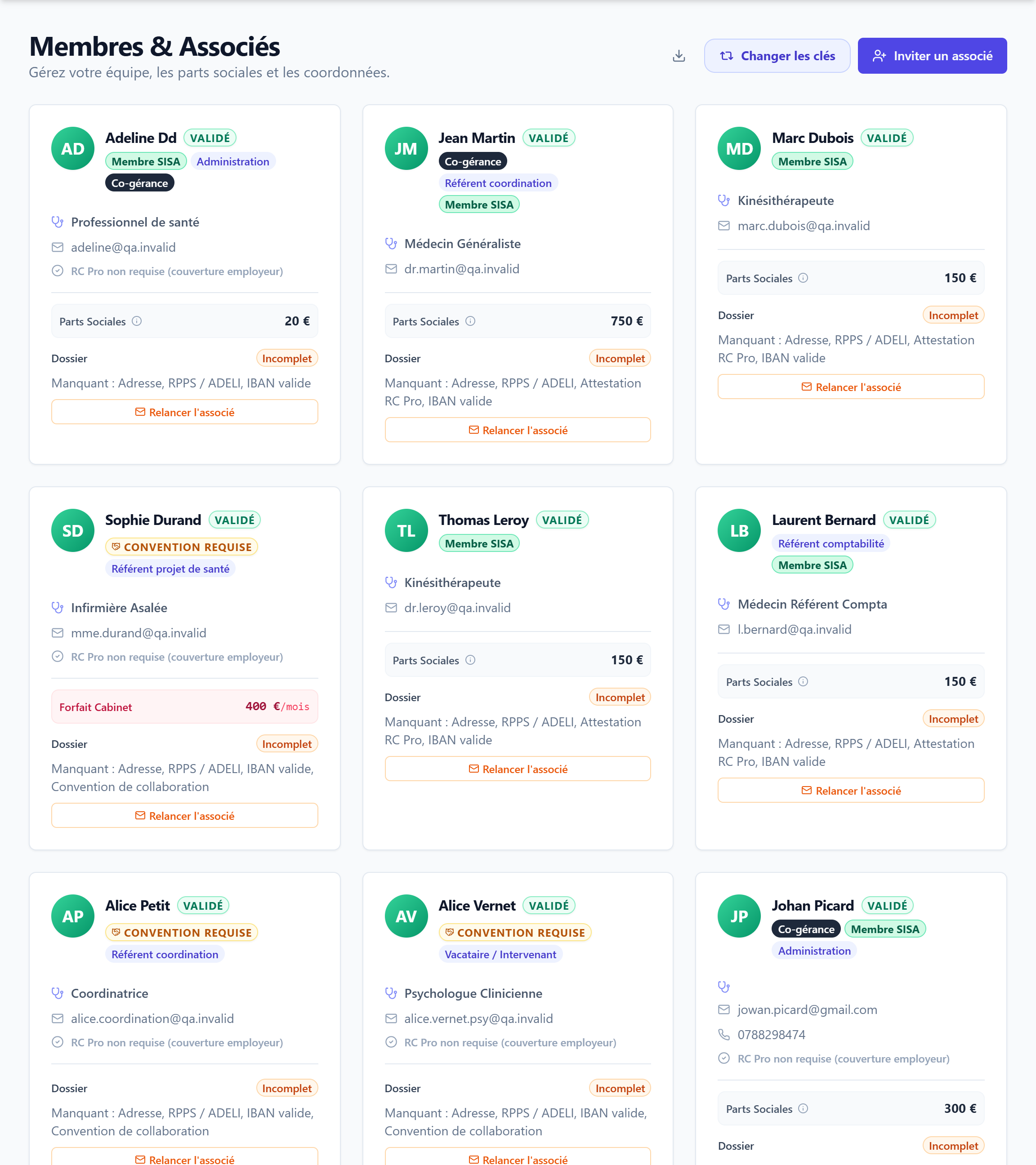La liste des membres, avec leurs professions, parts sociales et statuts de dossier