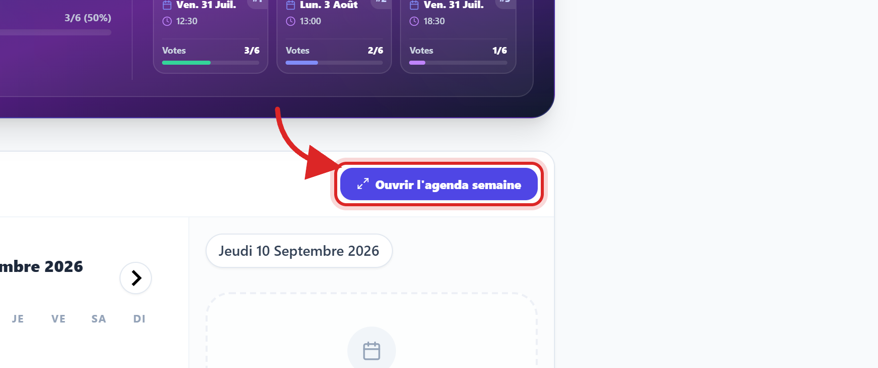 Le bouton « Ouvrir l'agenda », en haut de l'écran Réunions