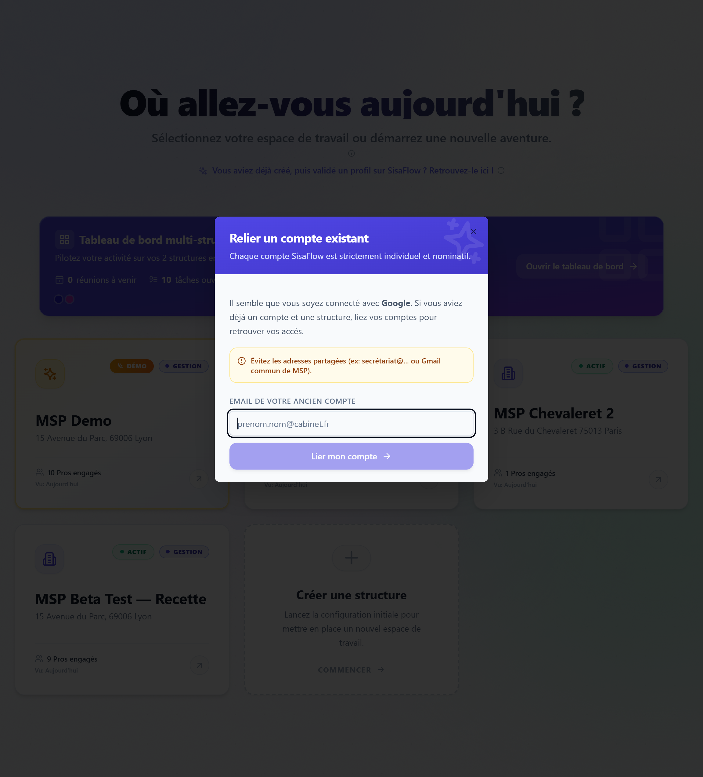 La fenêtre « Relier un compte existant »