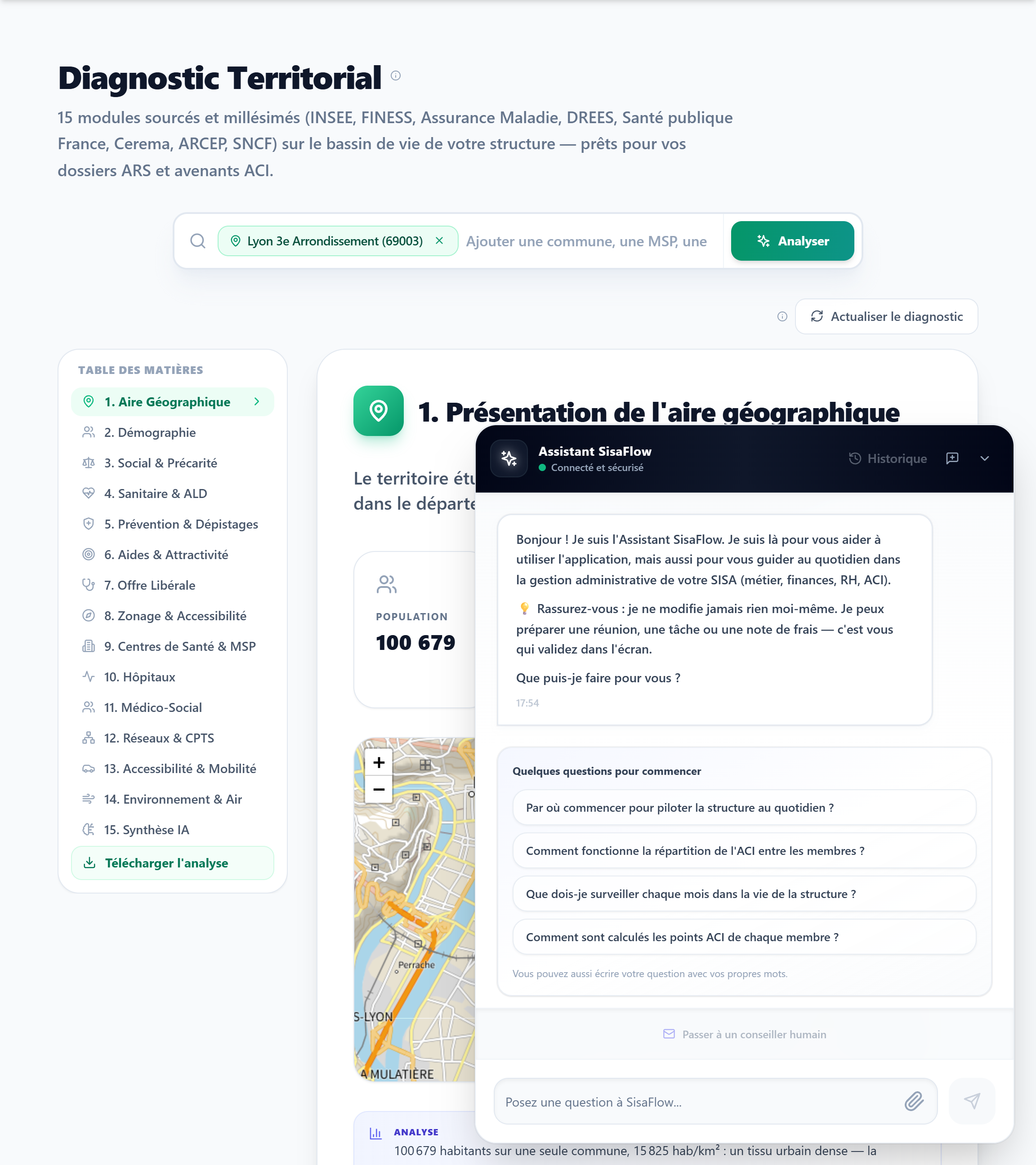 L'écran du diagnostic à l'arrivée : la barre de territoire pré-remplie en haut, et la carte qui invite à lancer l'analyse