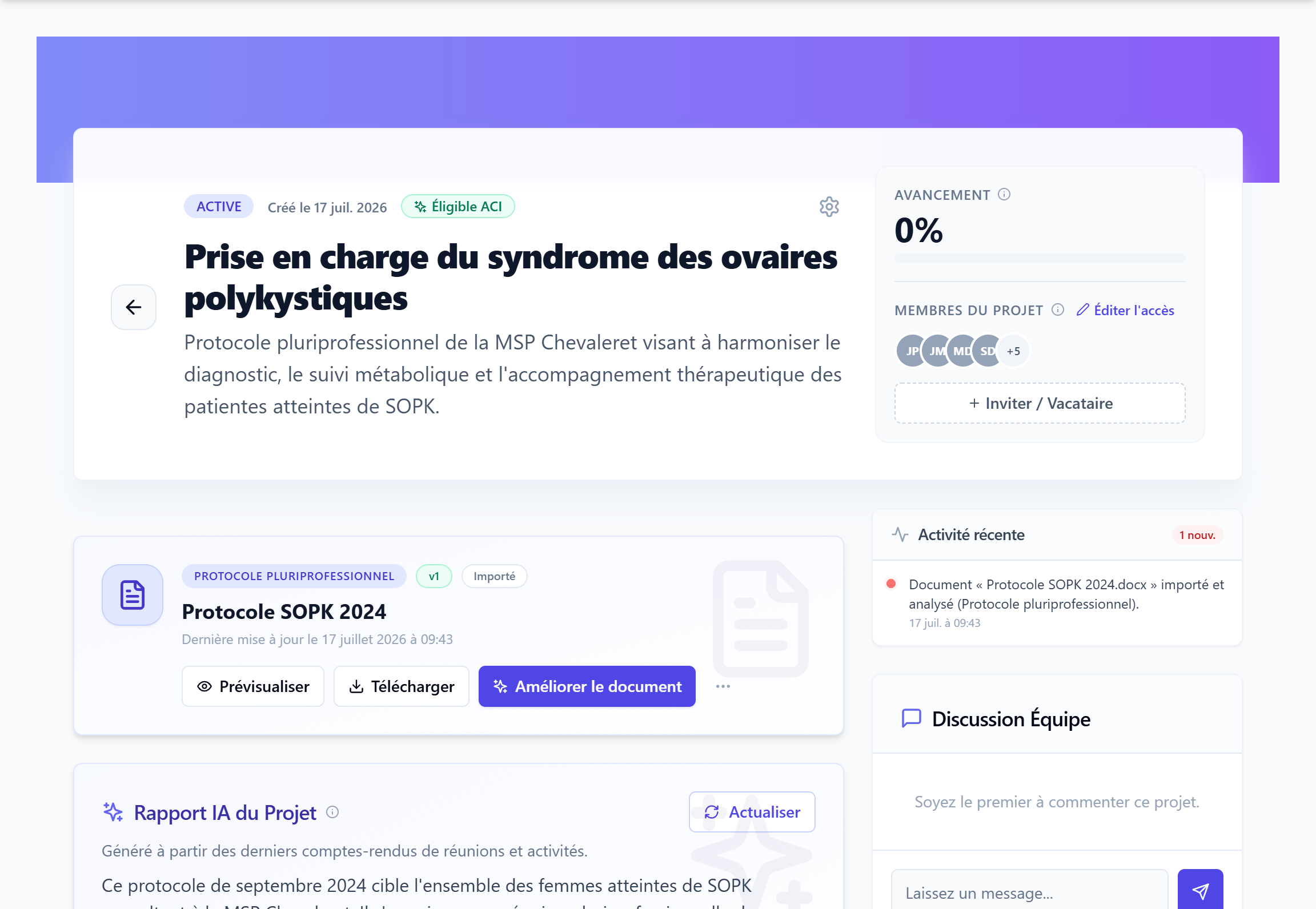 L'espace d'un projet : en-tête, rapport IA, onglets et discussion d'équipe