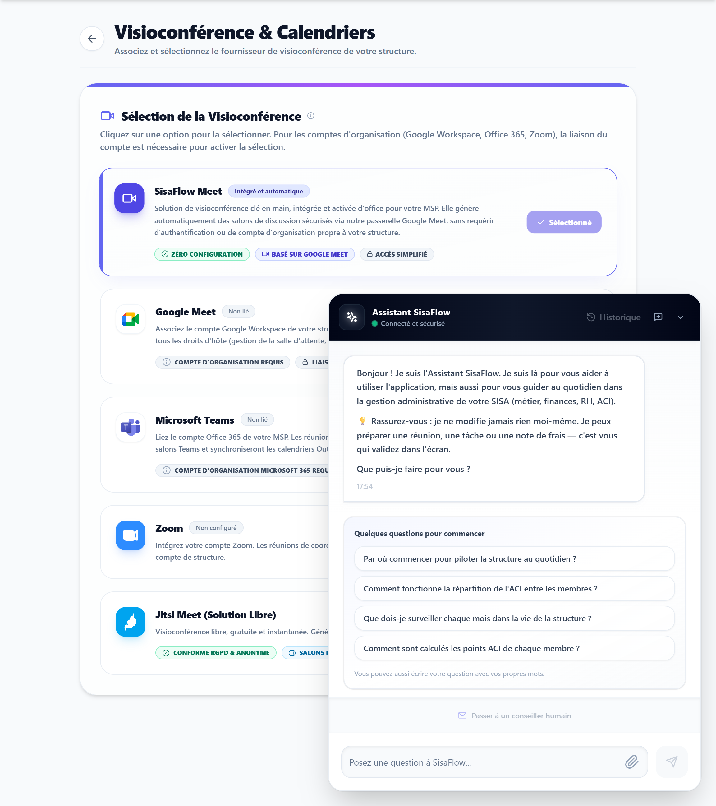 Le choix du fournisseur de visioconférence : SisaFlow Meet sélectionné, Google Meet et Microsoft Teams à lier