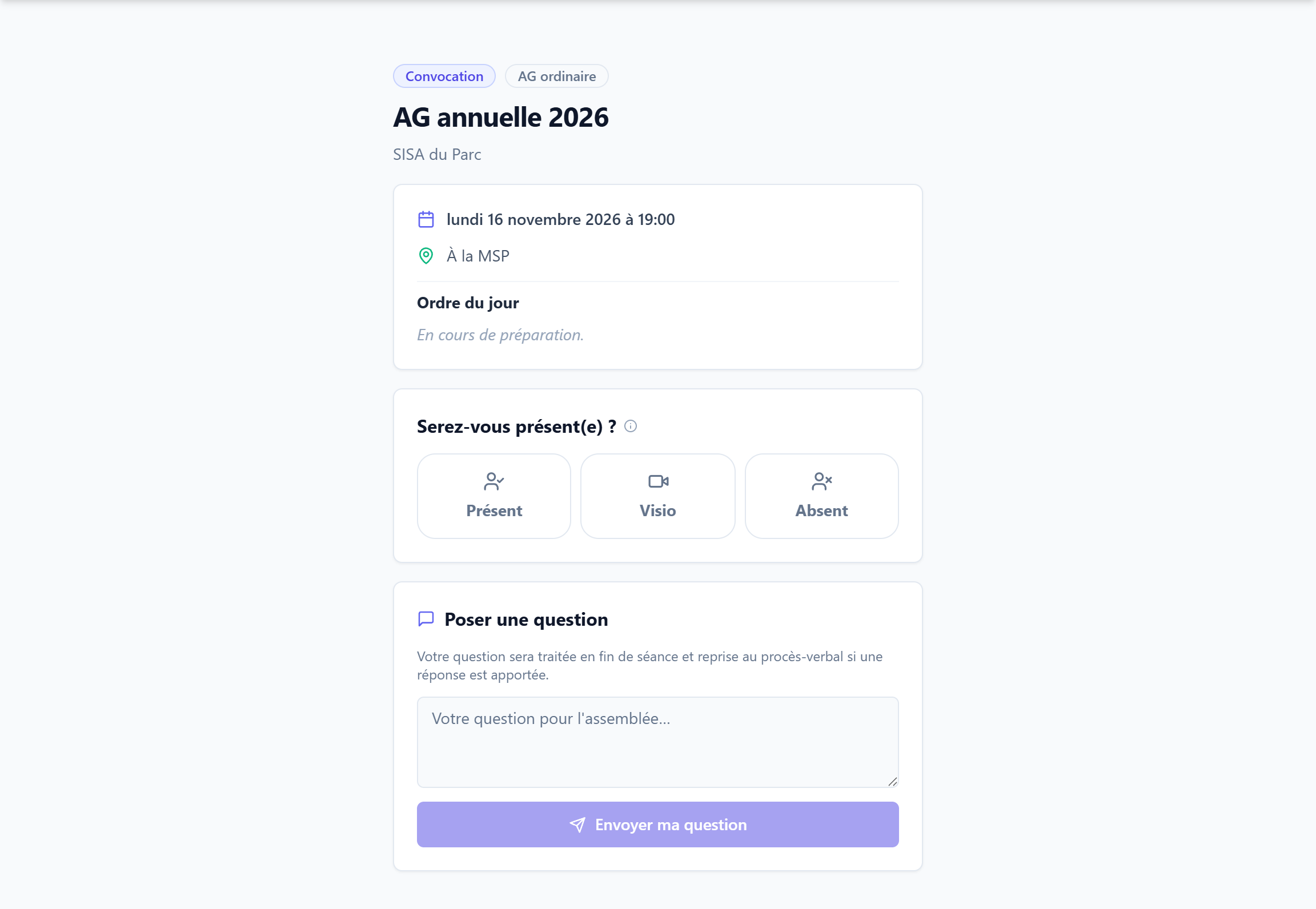 La page du participant : convocation, ordre du jour et réponse de présence