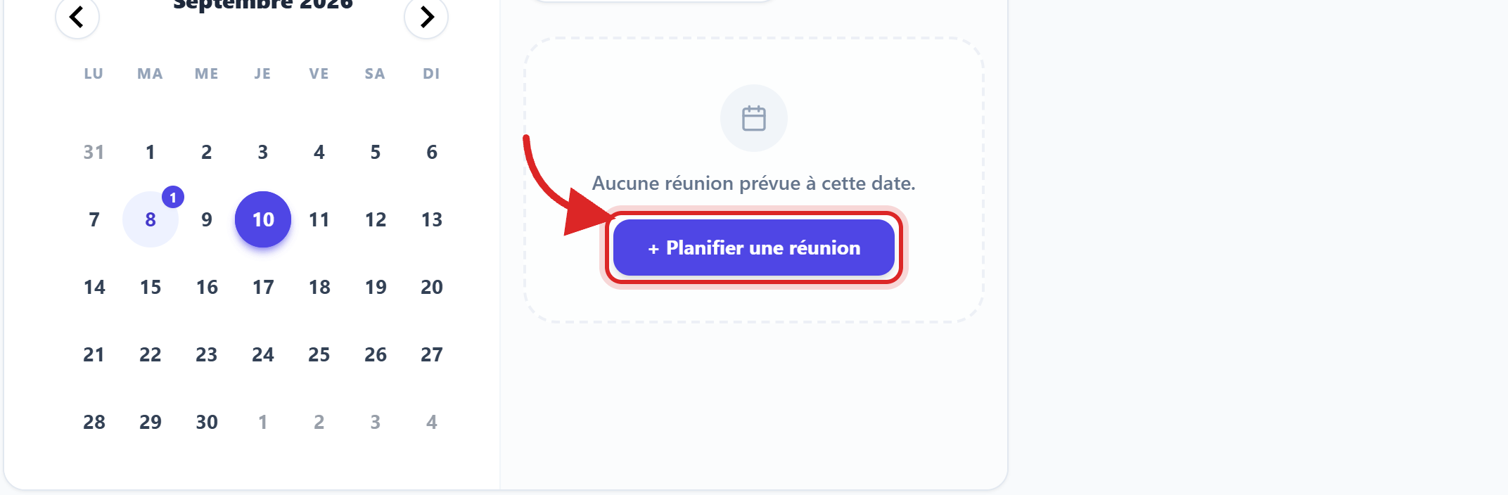 Les trois actions en haut de l'écran — ici, le bouton « Planifier », qui ouvre le formulaire de nouvelle réunion