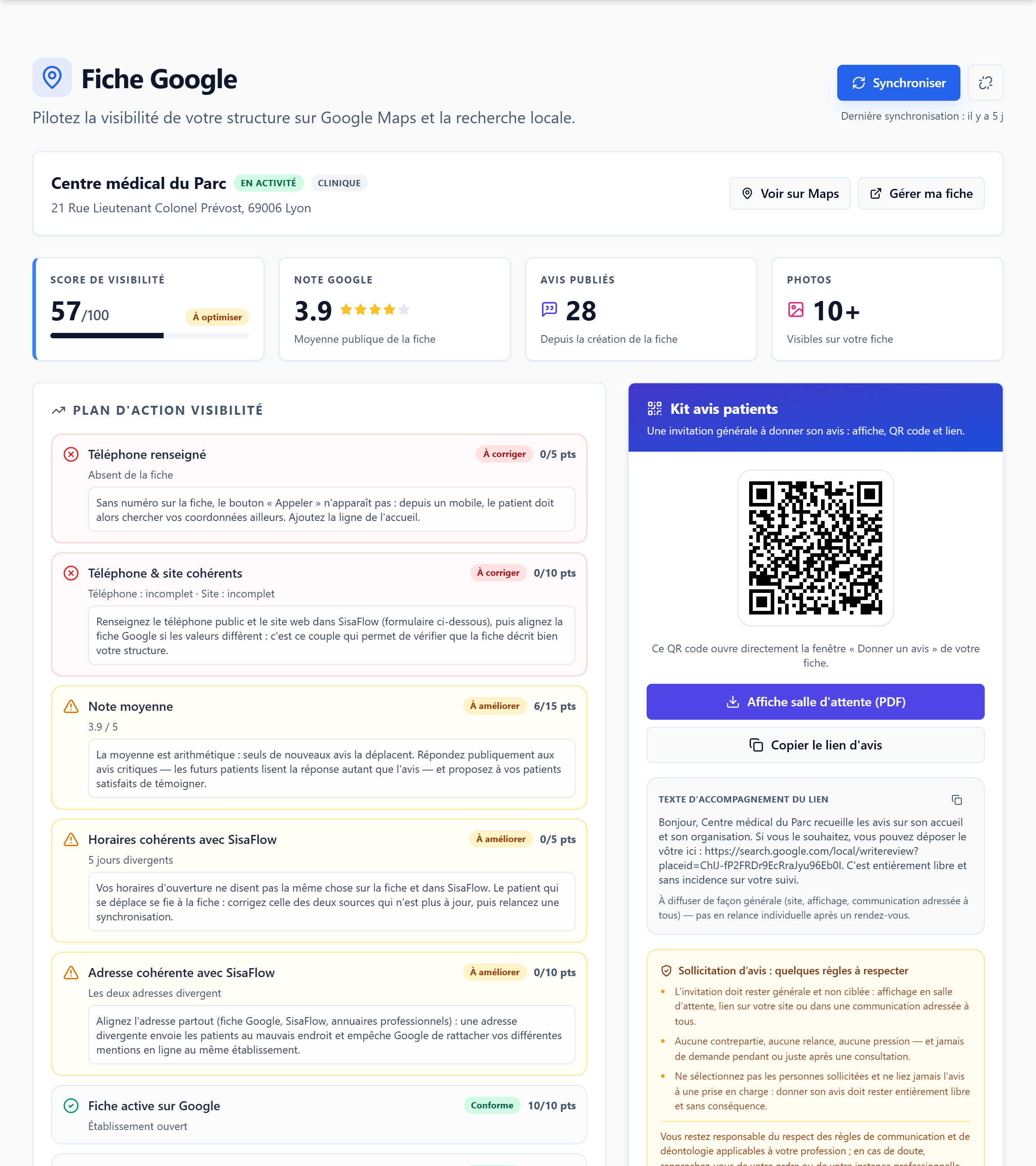 L'écran avant liaison : recherchez votre établissement pour relier sa fiche Google — une fois la fiche liée, cet écran devient le tableau de bord (score, note, avis, plan d'action)